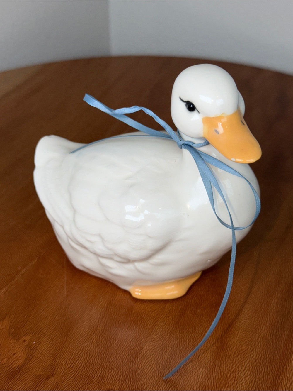 Vintage Hand Crafted Hand Made Ceramic Duck White Yellow Blue Bow Farmhouse
